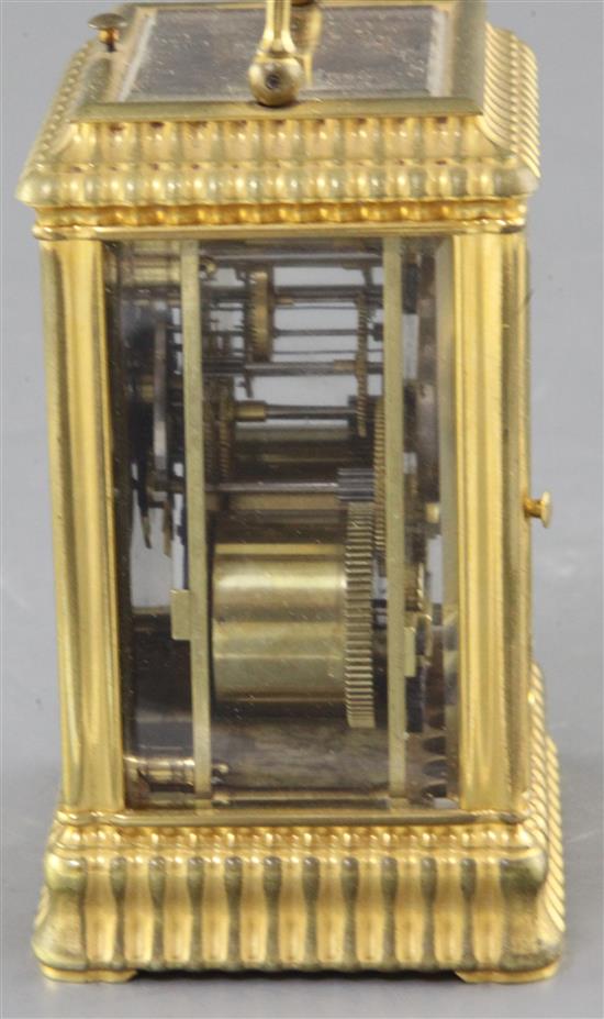 An Henri Jacot gorge-variant ormolu cased hour repeating carriage clock, 4.75in. with leather travelling case.